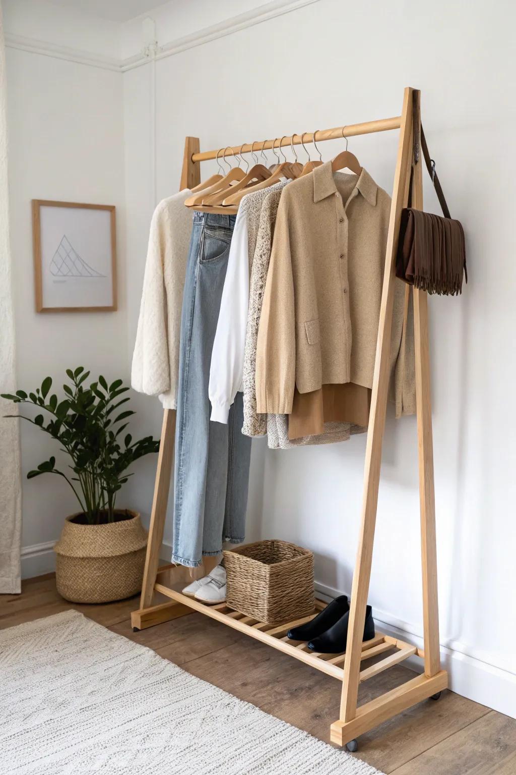 Three effortless outfit formulas on one rack—minimal, styled, and ready for small-space mornings.