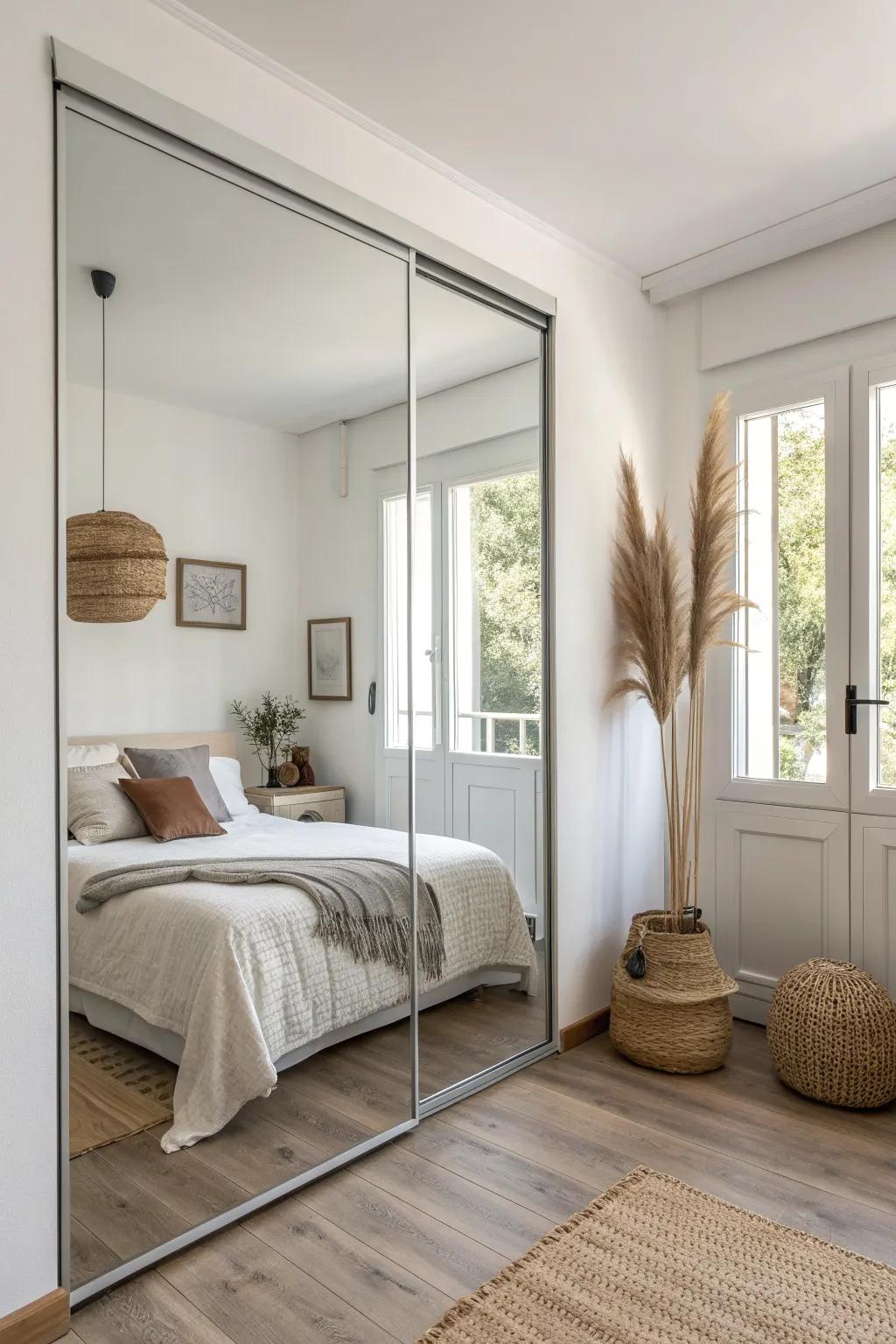 Frameless mirror closet doors create an airy, modern feel that instantly opens up small bedrooms.
