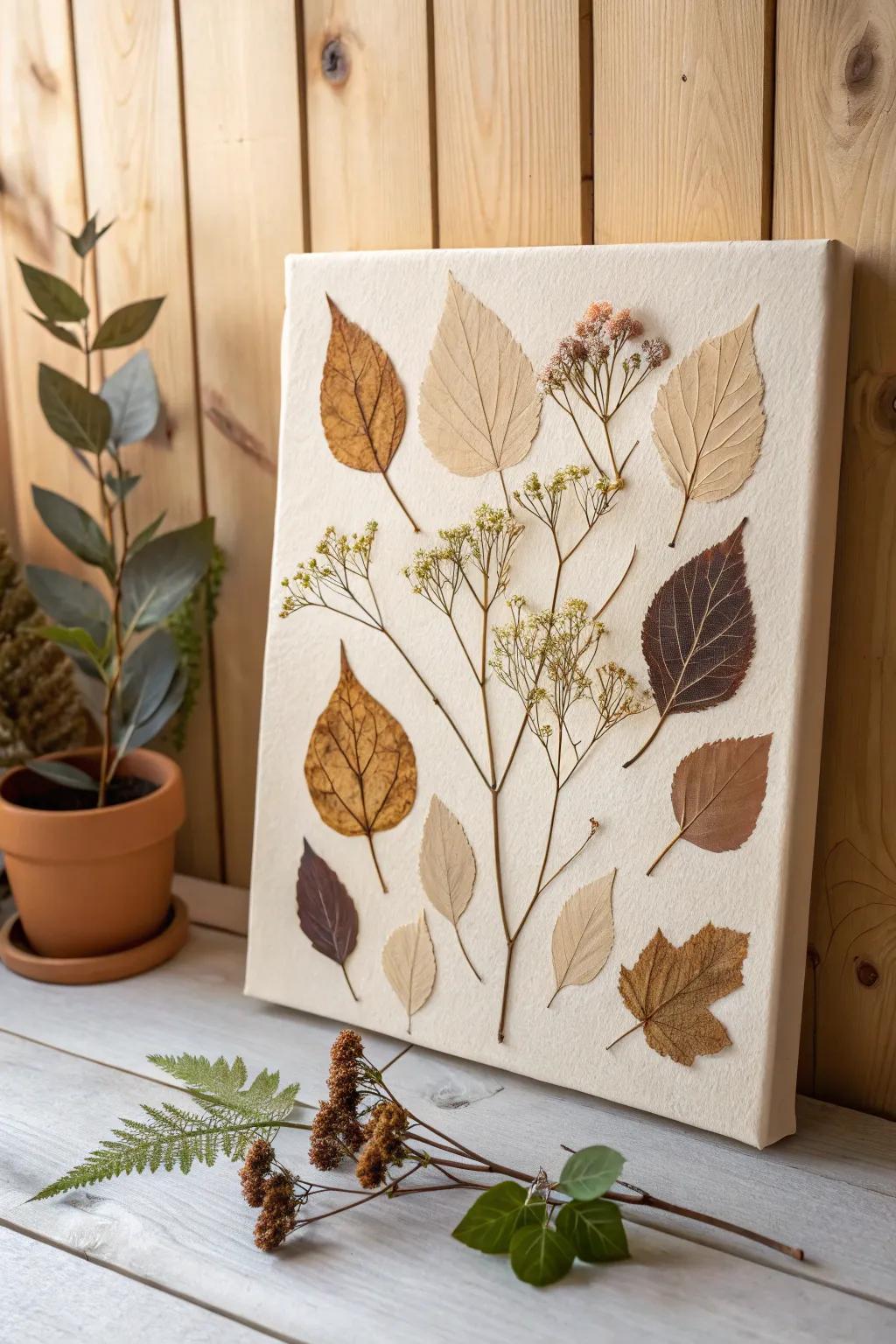 Embrace nature's elegance with this minimalist canvas adorned with pressed leaves and flowers.