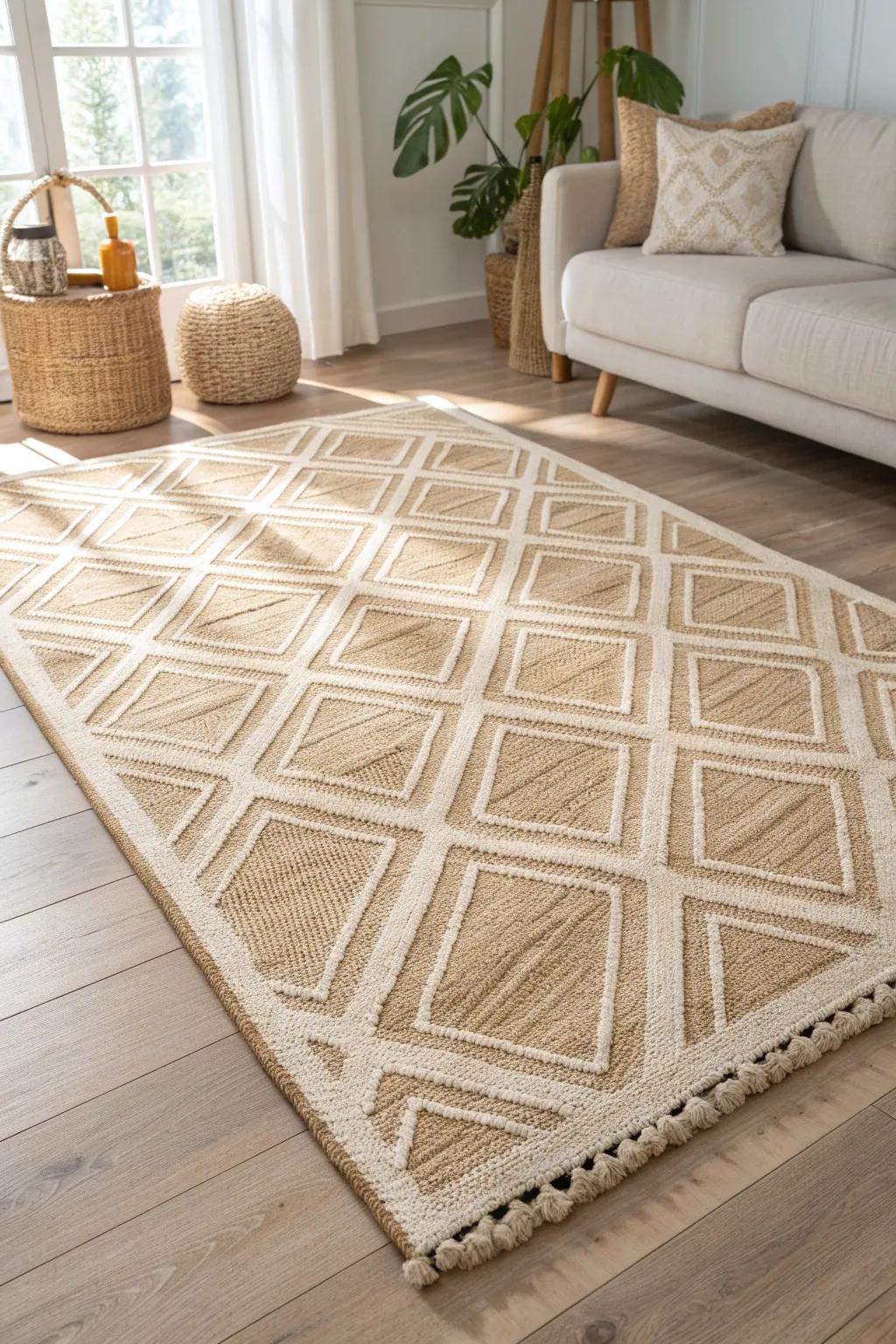 Go bigger: one oversized rug instantly defines a cozy living zone in a small mobile home.