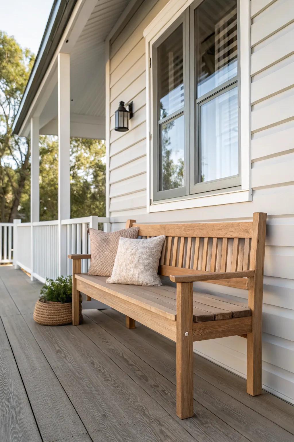 A real front porch moment: one slim bench that makes a mobile home entry feel designed.