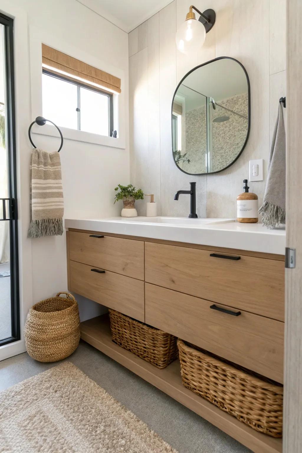 A floating vanity opens up a narrow master bath—more floor showing, easier cleaning, airy feel.