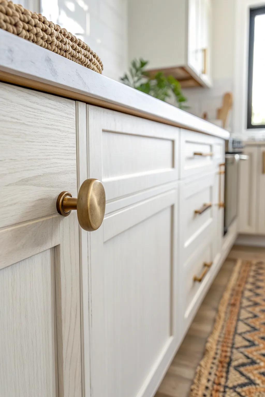 A simple paint refresh + new brass knob brings instant “new kitchen” vibes to small spaces.