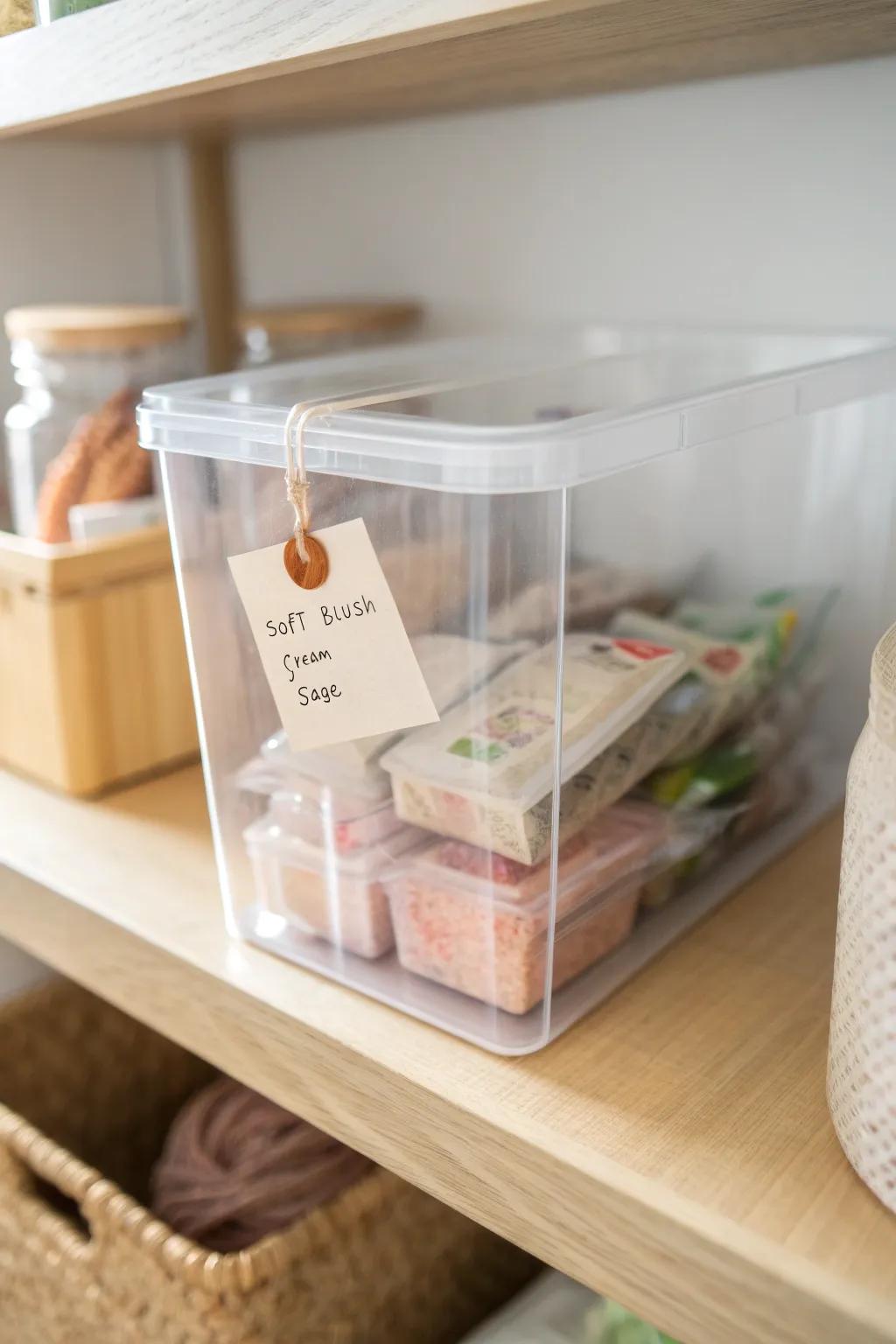 Clear bins keep a tiny mobile home pantry tidy—see everything at a glance and skip duplicates.