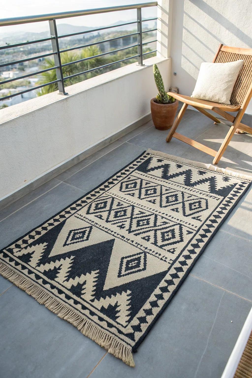 A weather-friendly rug instantly defines a cozy lounge zone on a small modern balcony.
