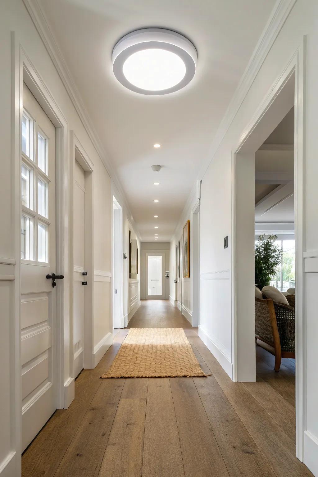 Trimless recessed light for a clean “runway” hallway glow—bright, even, and minimalist.