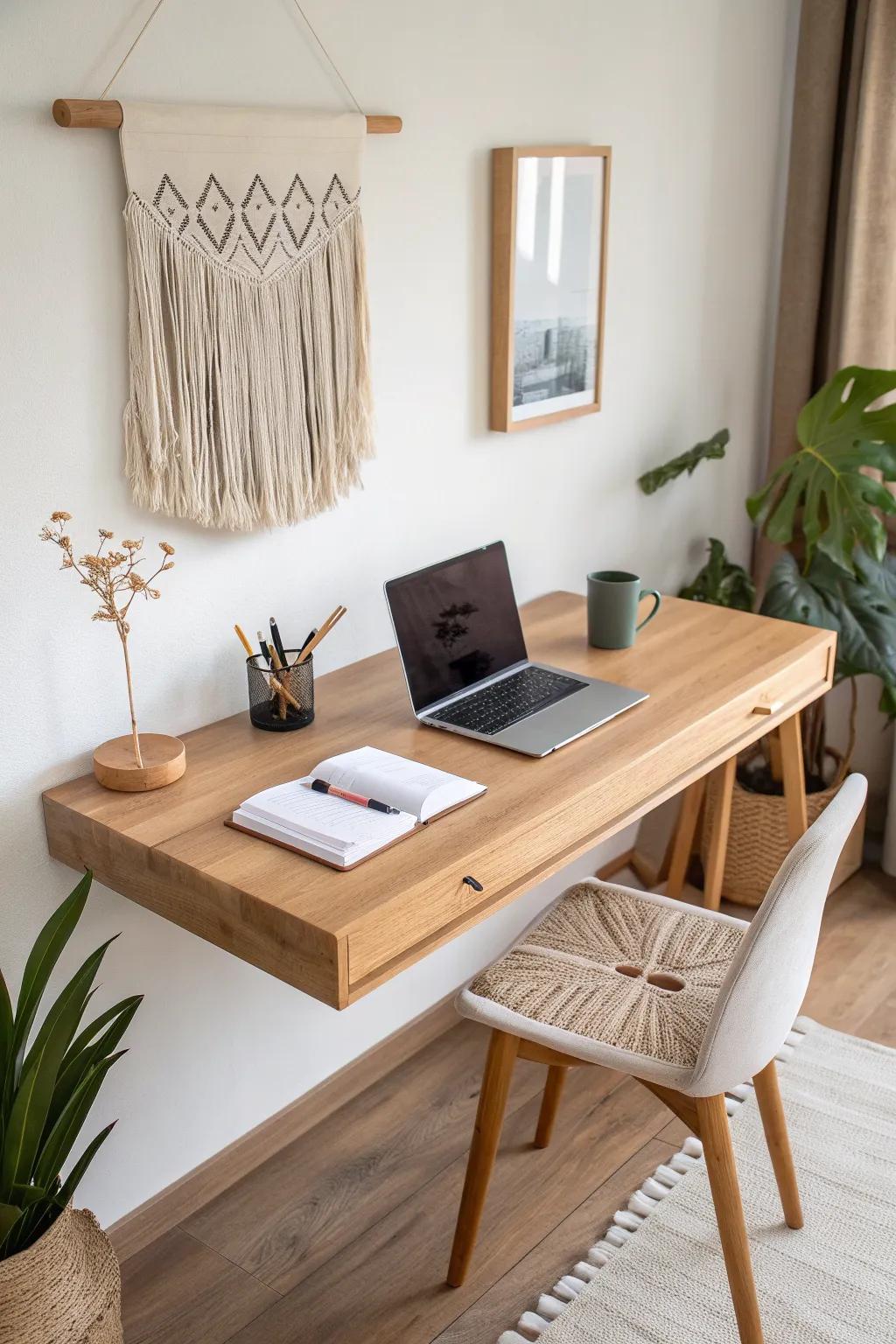 A sleek floating desk keeps the floor clear—instantly making a tiny home office feel bigger.