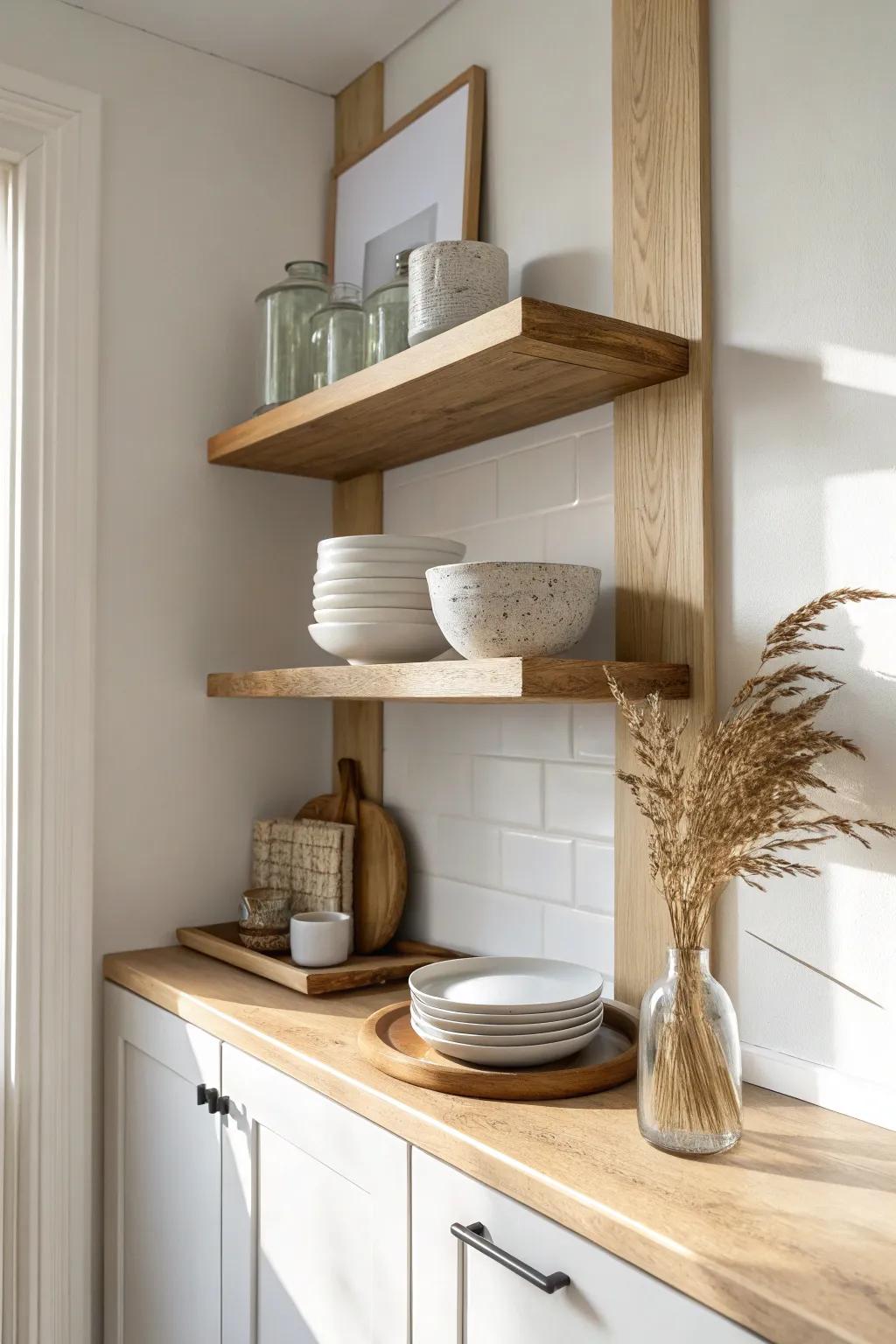 Open shelving in light oak keeps a small kitchen airy—display only your everyday essentials.