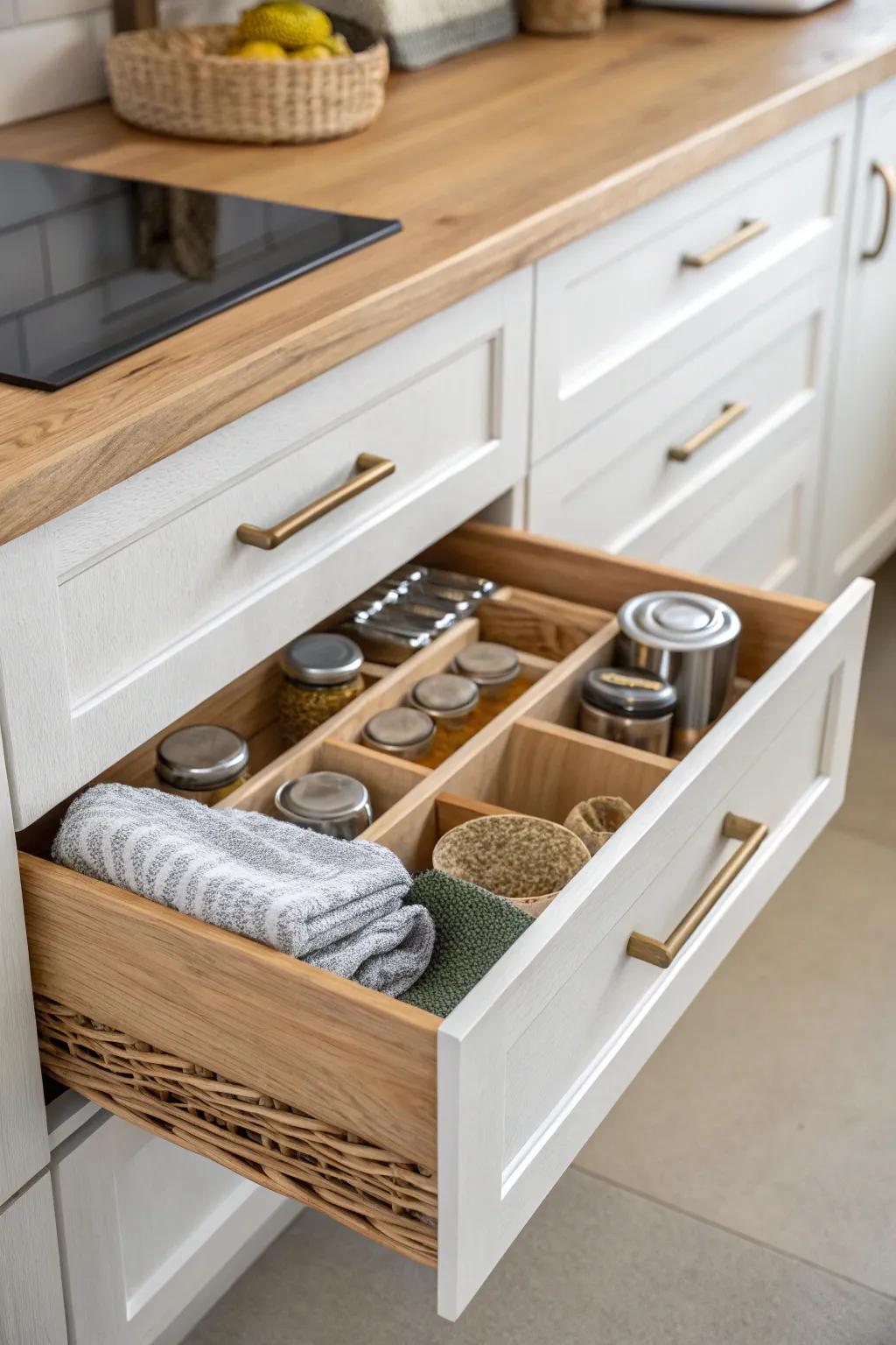 Pull-out drawers in a slim galley kitchen keep both counters efficient and clutter-free.
