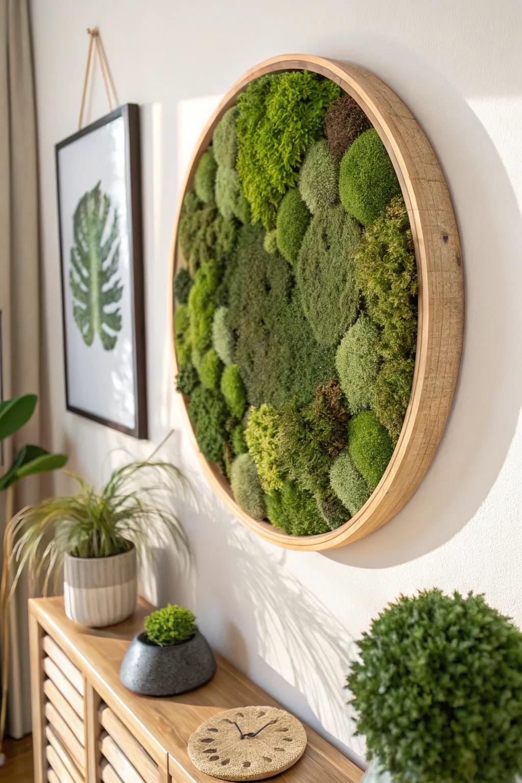 A round moss wall piece that softens sharp lines—minimal, natural, and beautifully calming.