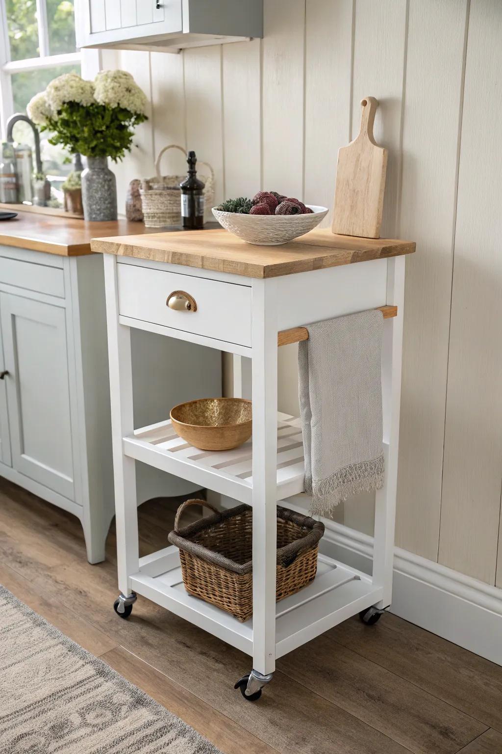 A slim movable island that adds prep space and storage—without crowding a narrow galley kitchen.