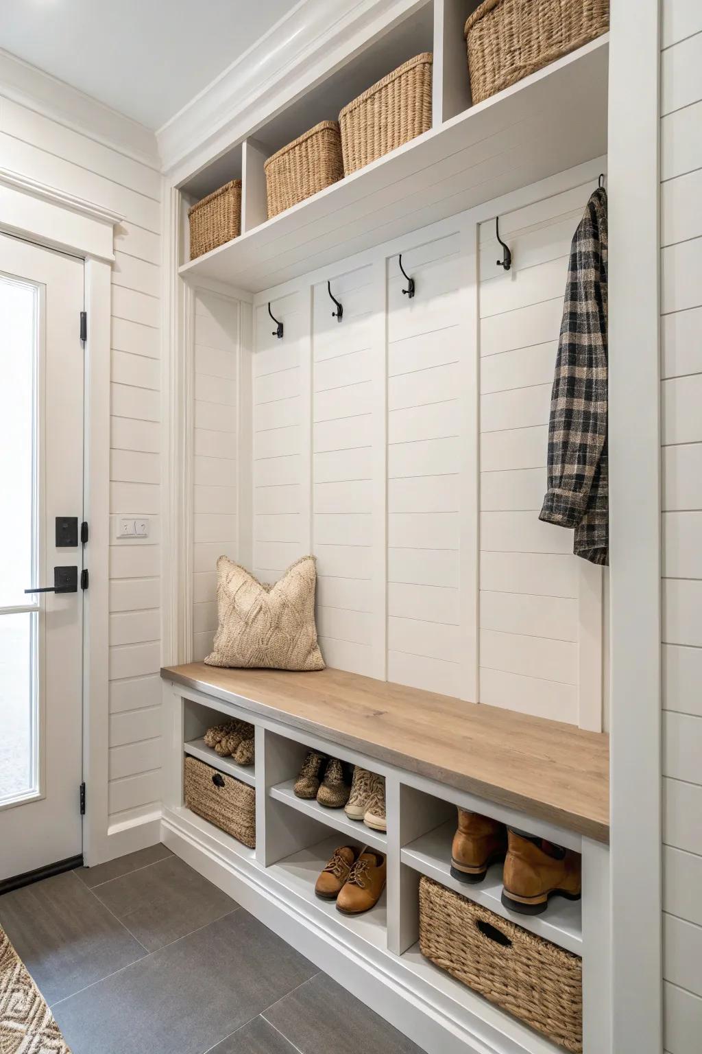 A slim built-in bench turns a tiny mudroom closet into a calm, grab-and-go zone.