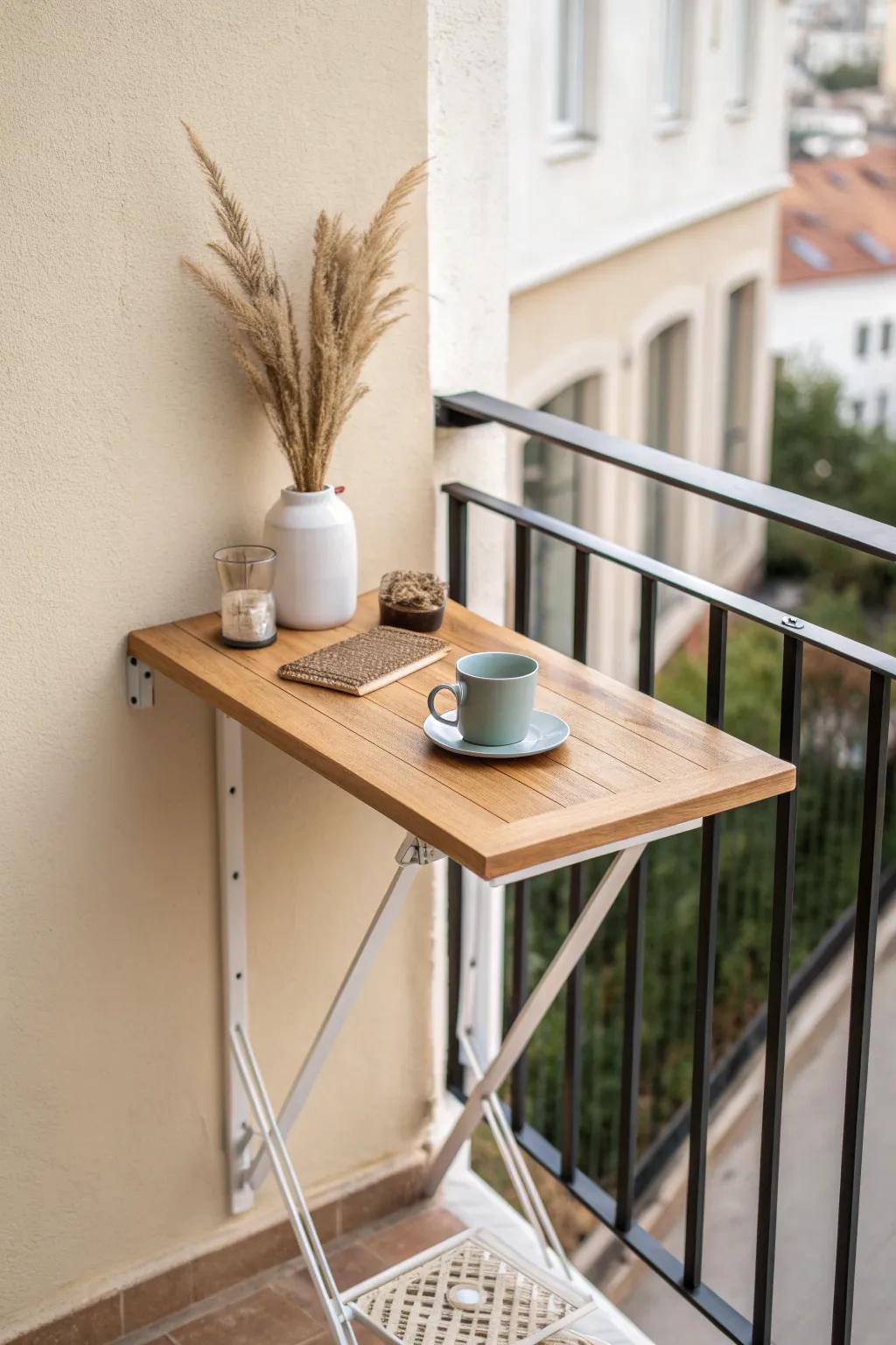Fold-down bistro table: instant coffee spot for a narrow balcony—then tuck it away.