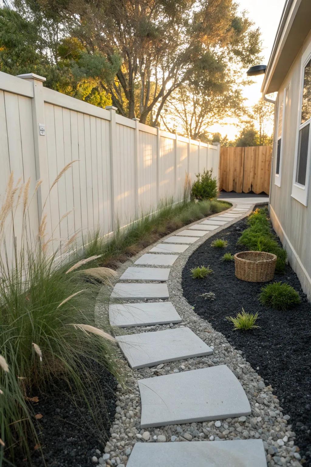 A gentle S-curve path breaks the bowling-alley feel and makes a narrow garden feel longer.