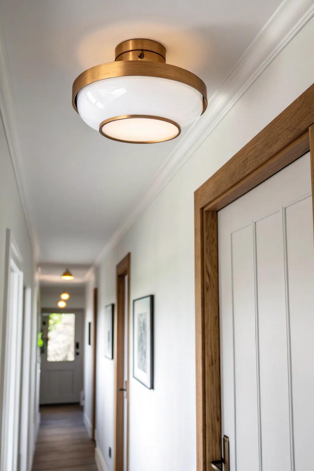 Swap in a slim flush-mount light—warm, bright glow that makes a narrow hallway feel open.