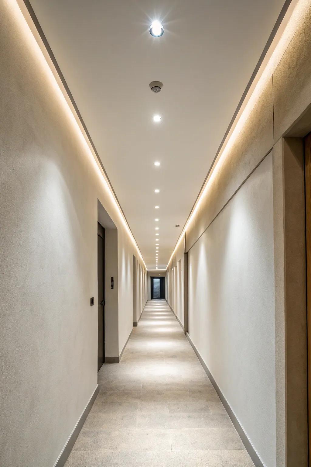 A straight line of recessed spots keeps a narrow hallway evenly bright—and beautifully minimal.