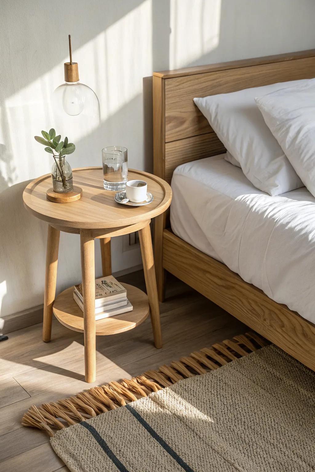 A small round side table softens tight walkways—minimal, warm, and perfect by the bed.