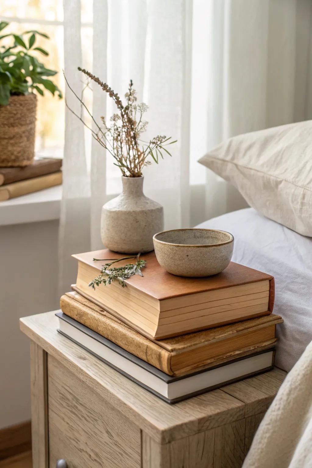 Stack a few beautiful books to add height and instant curated personality to your nightstand.