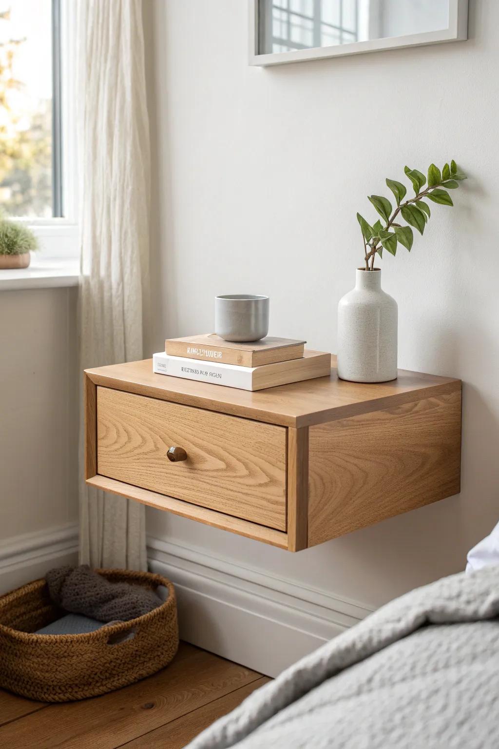 A floating oak box nightstand with a hidden drawer—small-space calm with handcrafted warmth.