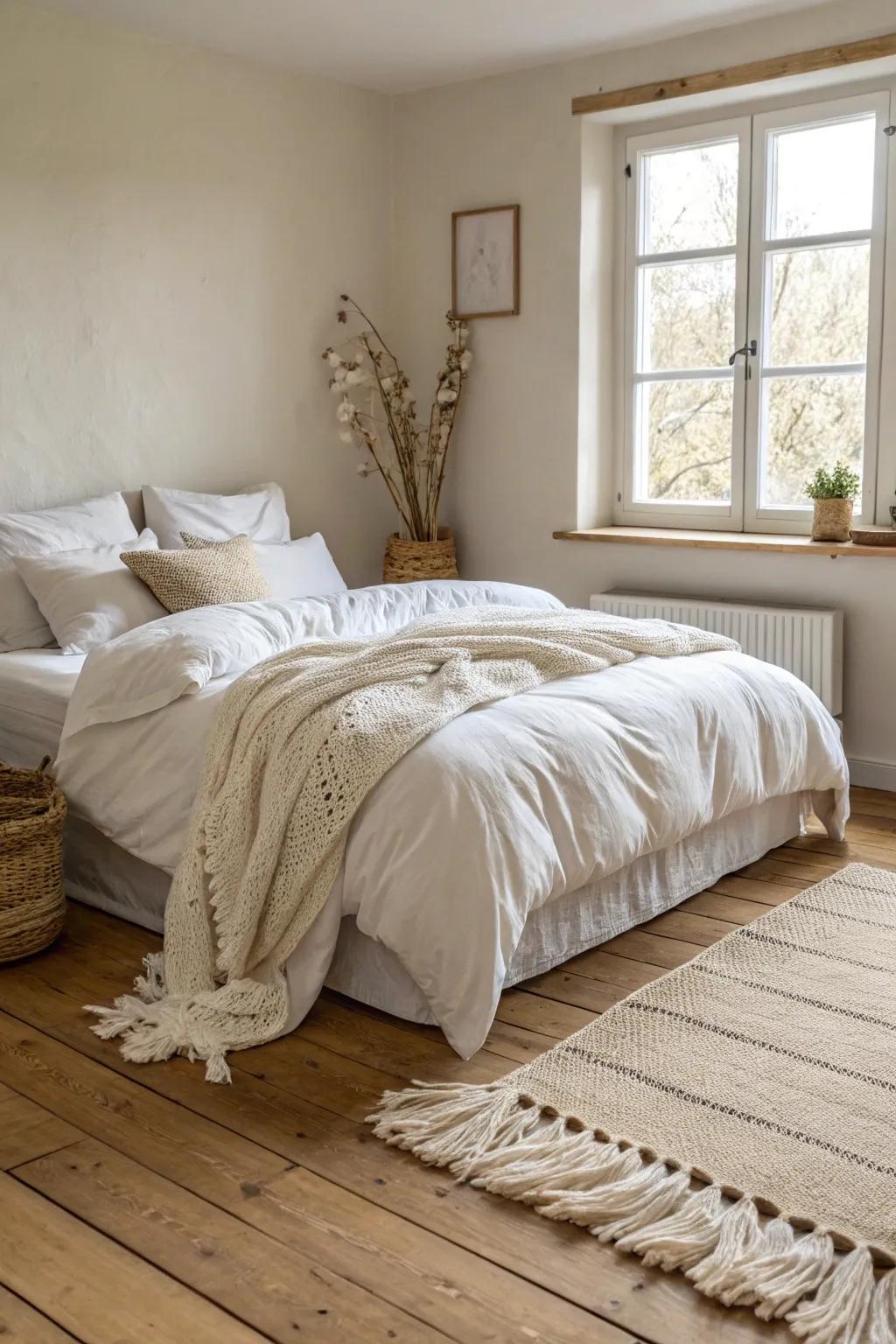 Oversized duvet draped to the floor hides the mattress base for a cozy no-bed-frame look.