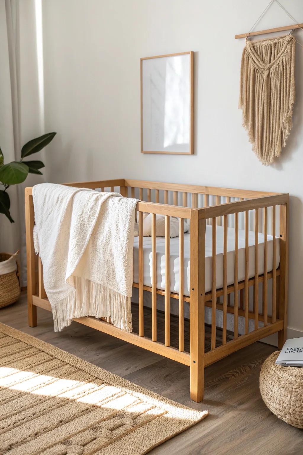 Mini crib, major calm—compact footprint that keeps doors and drawers easy at 2 a.m.