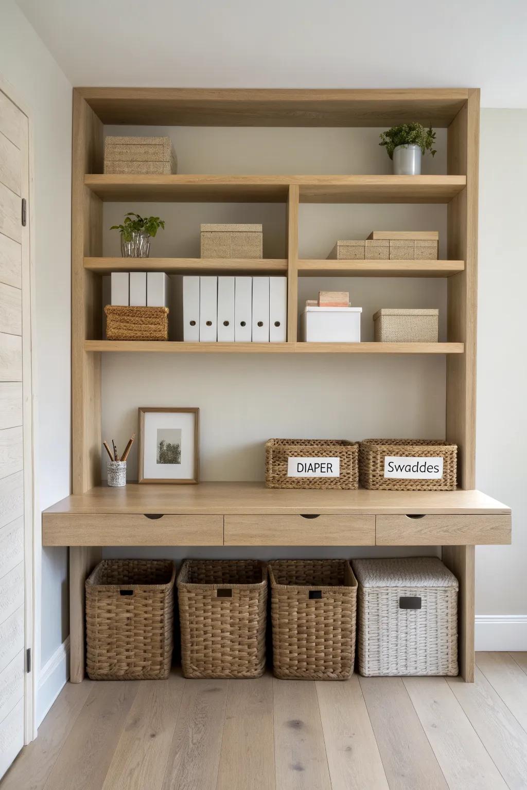 A one-wall storage setup that blends desk essentials with baby supplies—calm, cohesive, beautiful.