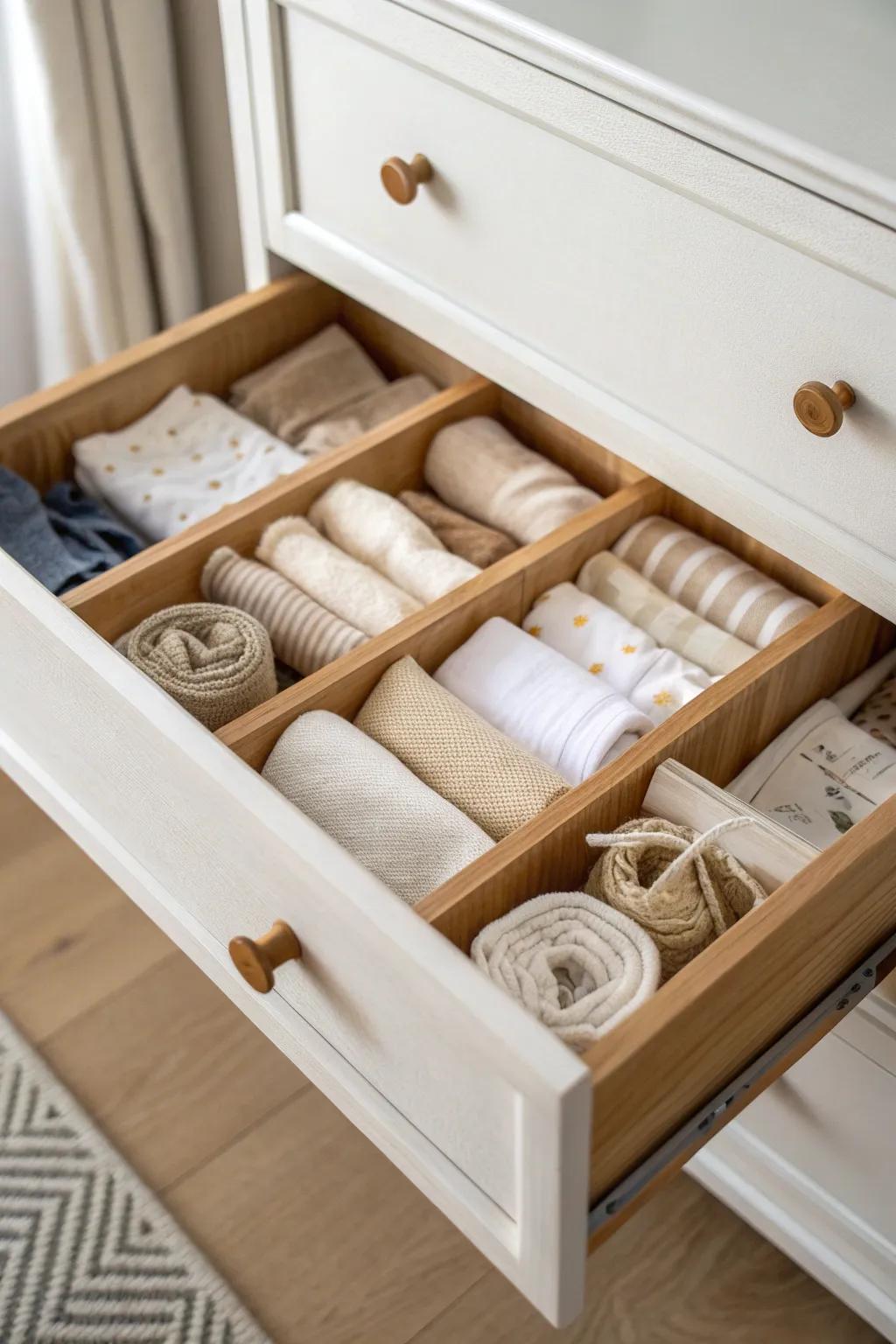 Keep baby socks, bodysuits, and PJs perfectly sorted with chic wooden drawer dividers.
