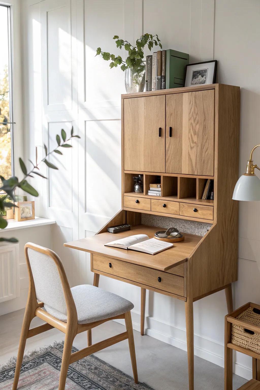 Upper cabinets above the desk keep supplies hidden and your tiny office feeling airy.