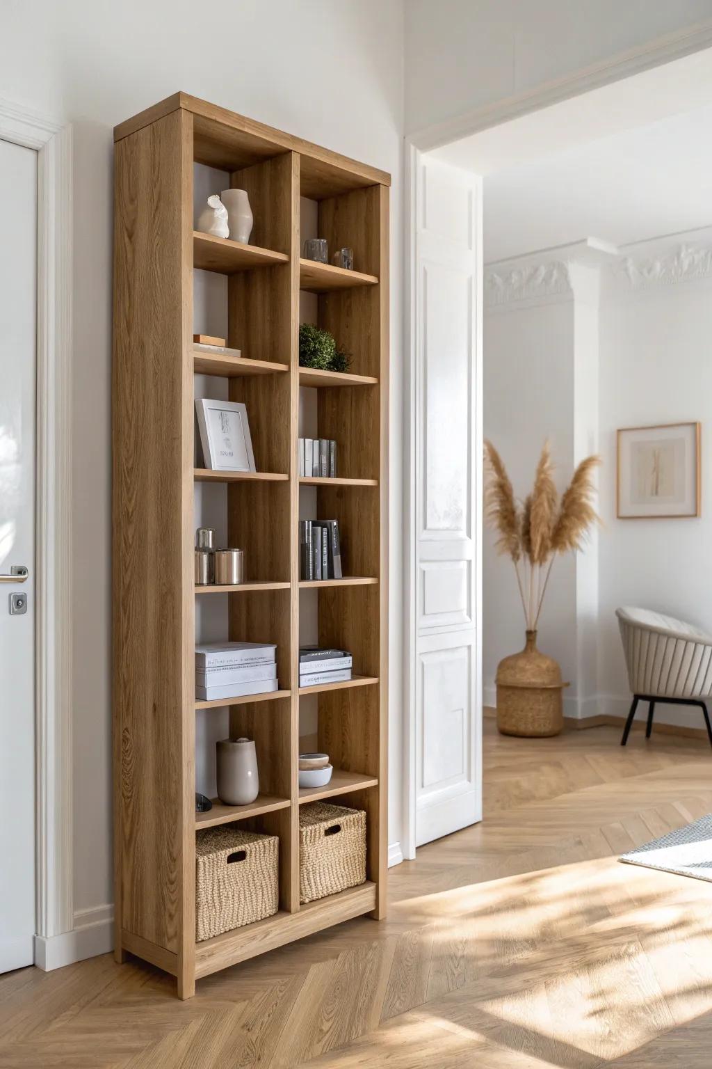 A sideways bookcase divider that stores clutter and creates a chic video-call backdrop.