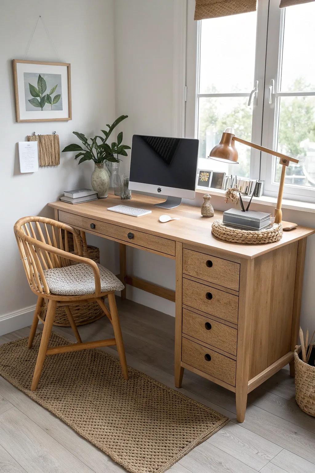 A calm L-shaped corner desk with drawers—max surface area, minimal visual clutter.
