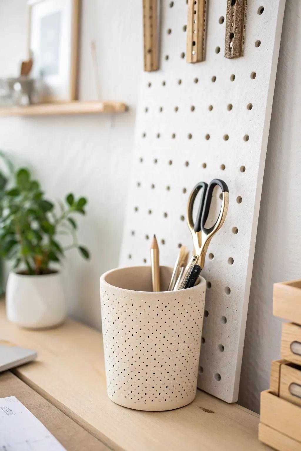 A simple pegboard cup keeps pens and scissors tidy—minimal, boho, and beautiful.