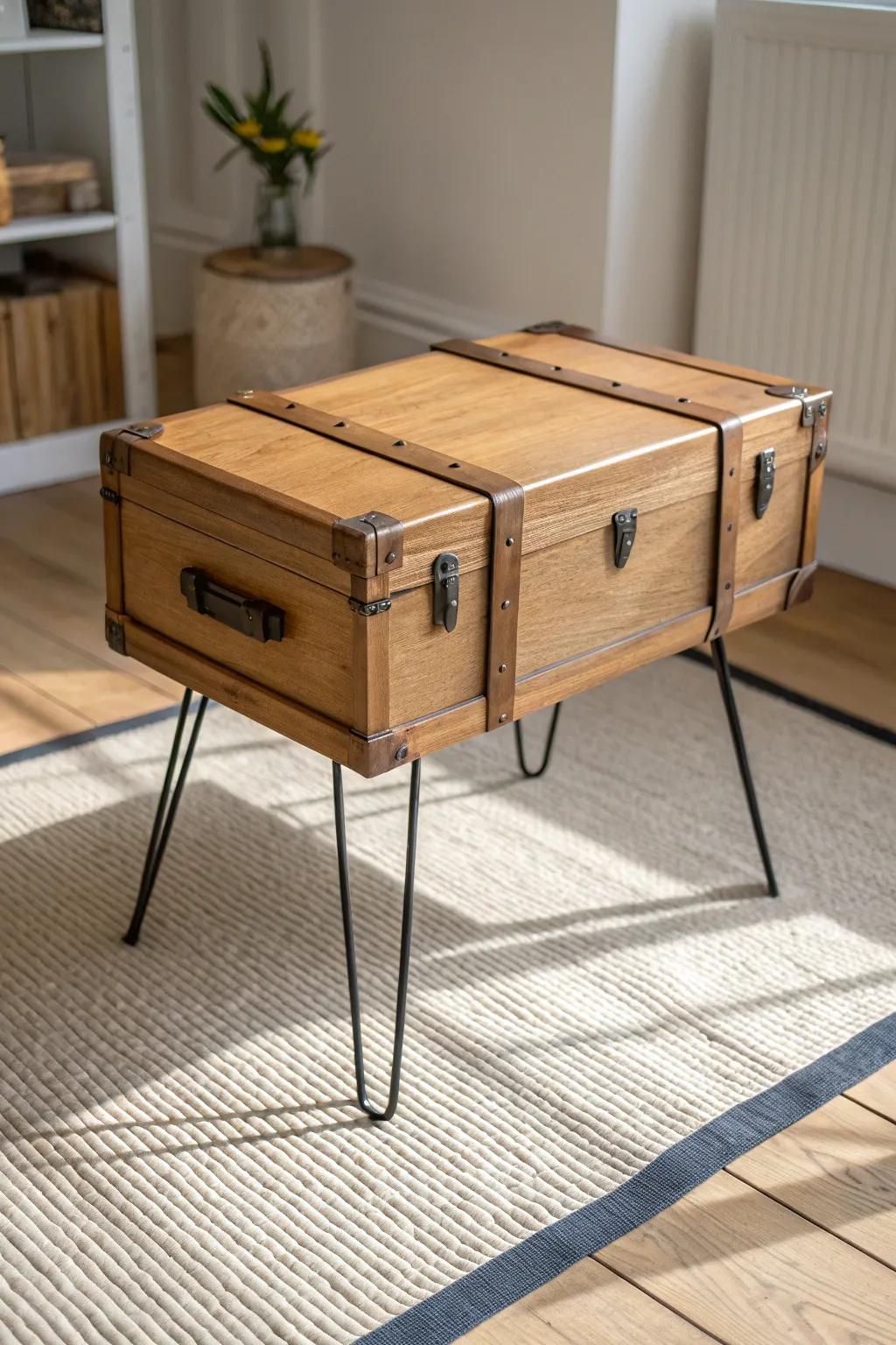 Turn an old trunk into real furniture—hairpin legs add height, style, and easy vacuuming.