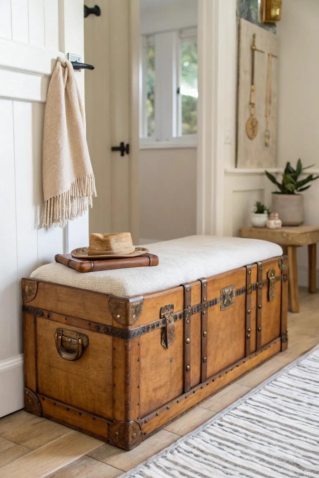 Old trunk entryway bench: sit, stash totes inside, and keep keys tidy in a simple tray.