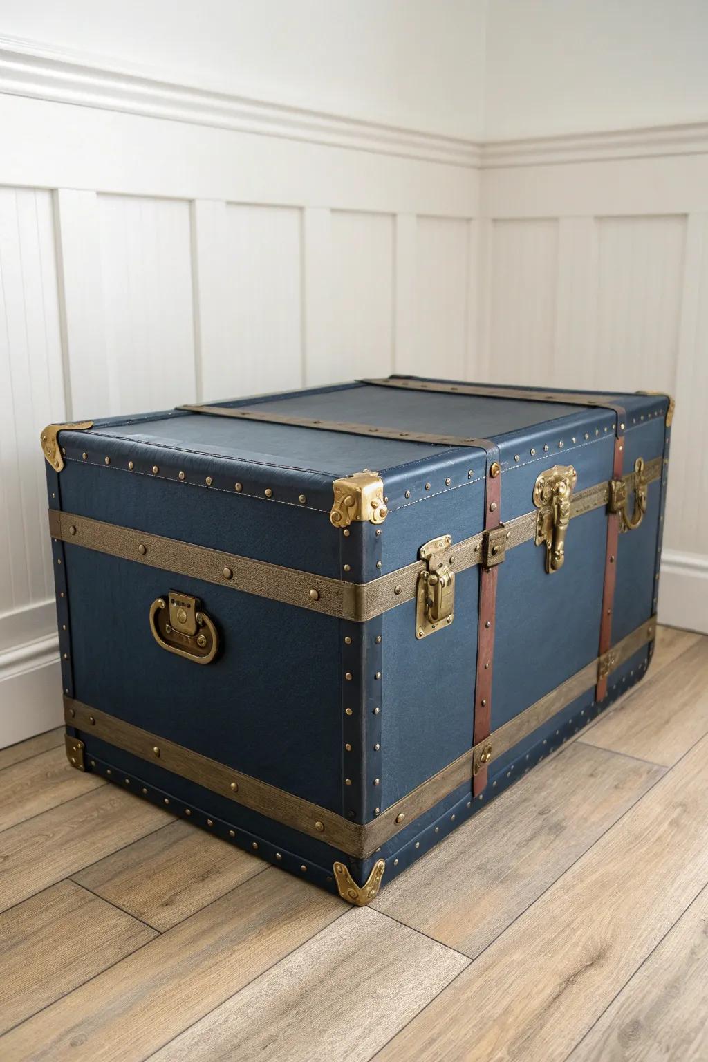 Deep navy trunk + gleaming hardware creates a crisp, elevated vintage statement.