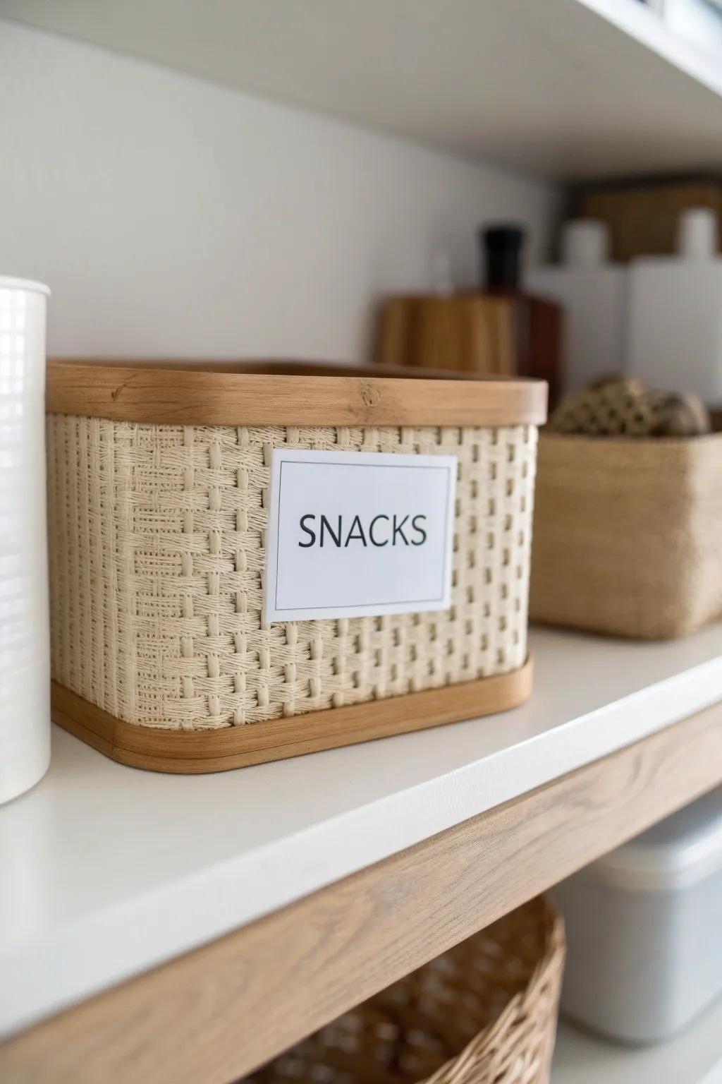 Create pantry zones that stick—one labeled bin per category keeps everything in its place.