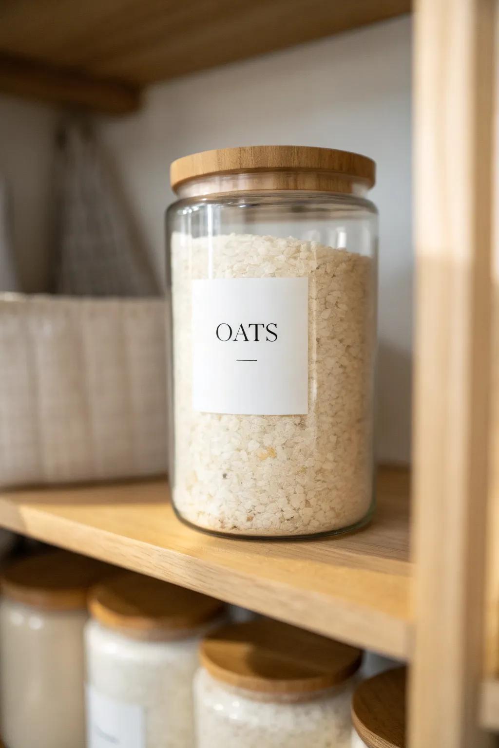 One uniform label on a simple jar makes open pantry shelves feel instantly calm and cohesive.