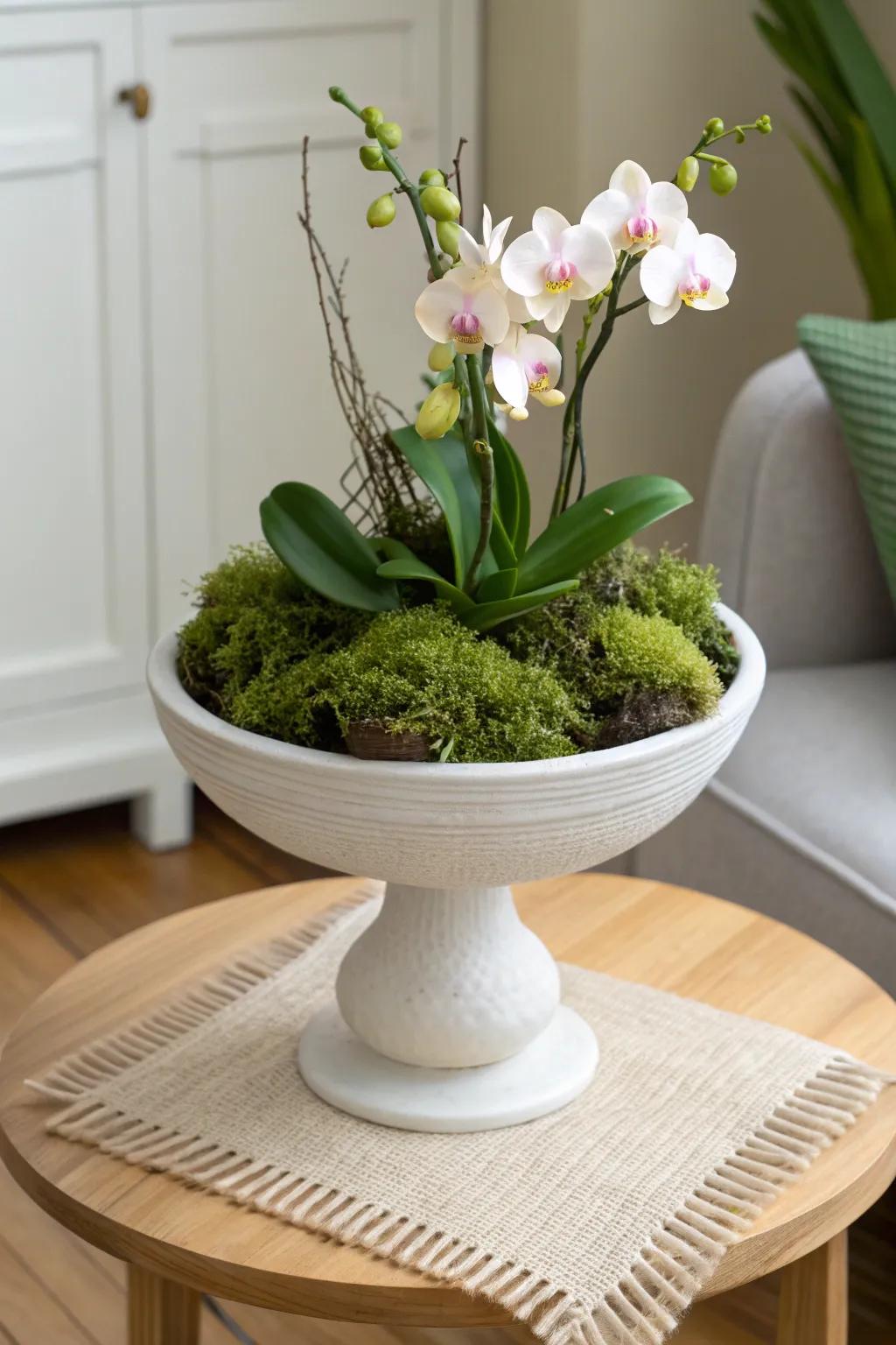 A pedestal bowl lifts petite orchids to eye level—hide the pot with lush moss for a finish.