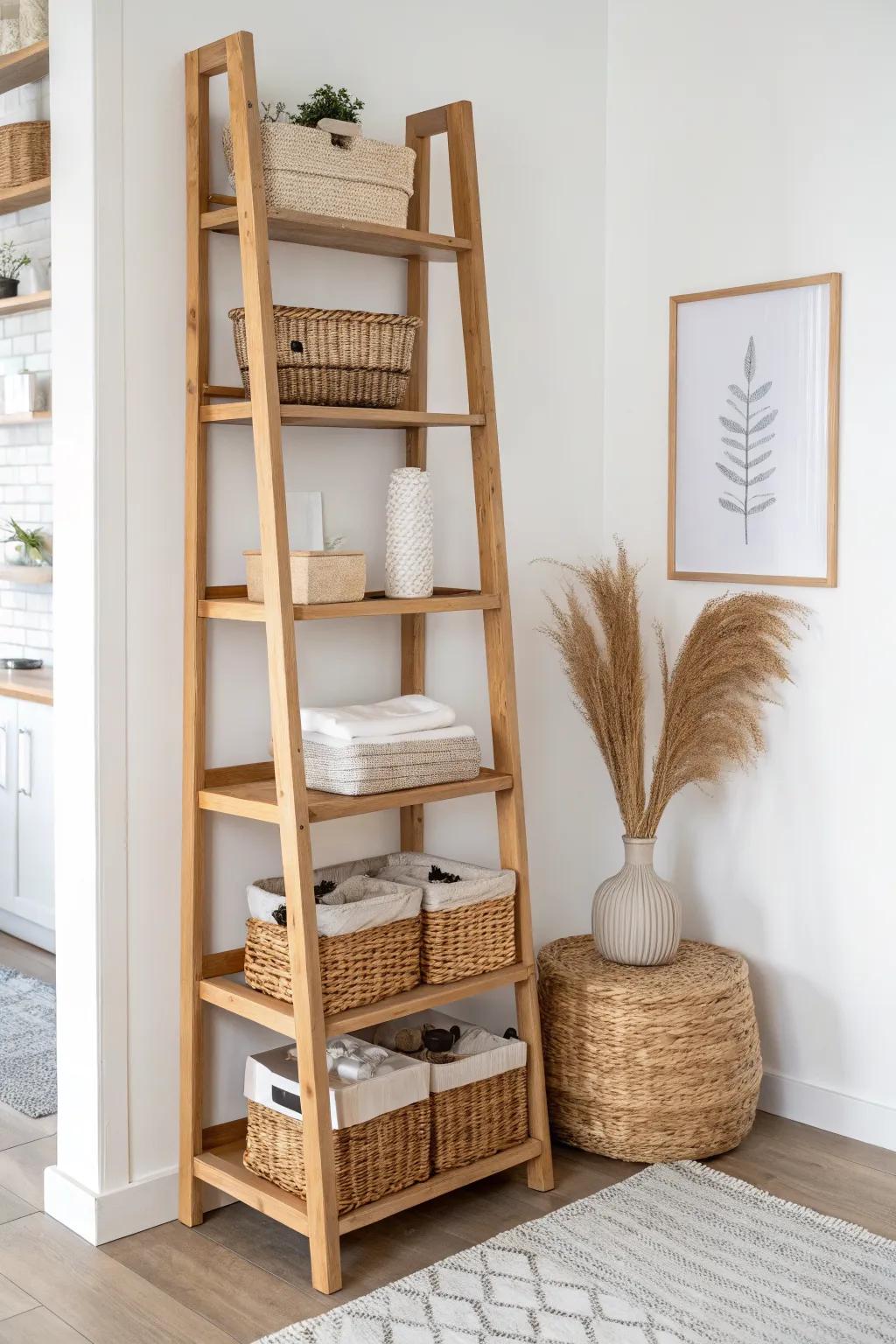 Floor-to-ceiling shelves lift craft clutter up high—pretty, airy storage for small rooms.