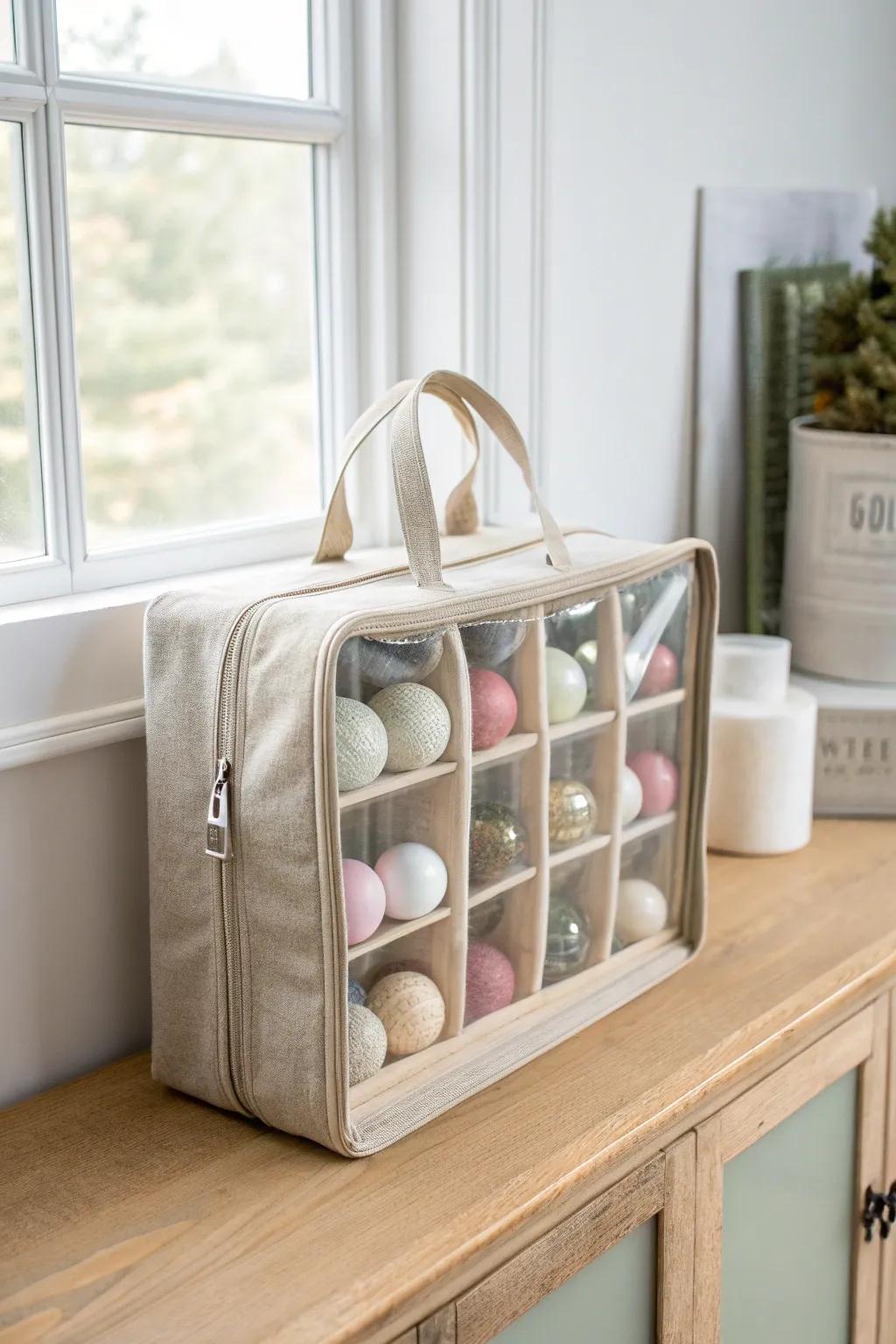 Soft-sided ornament organizer with a clear window—slim, shelf-friendly, and beautifully visible.