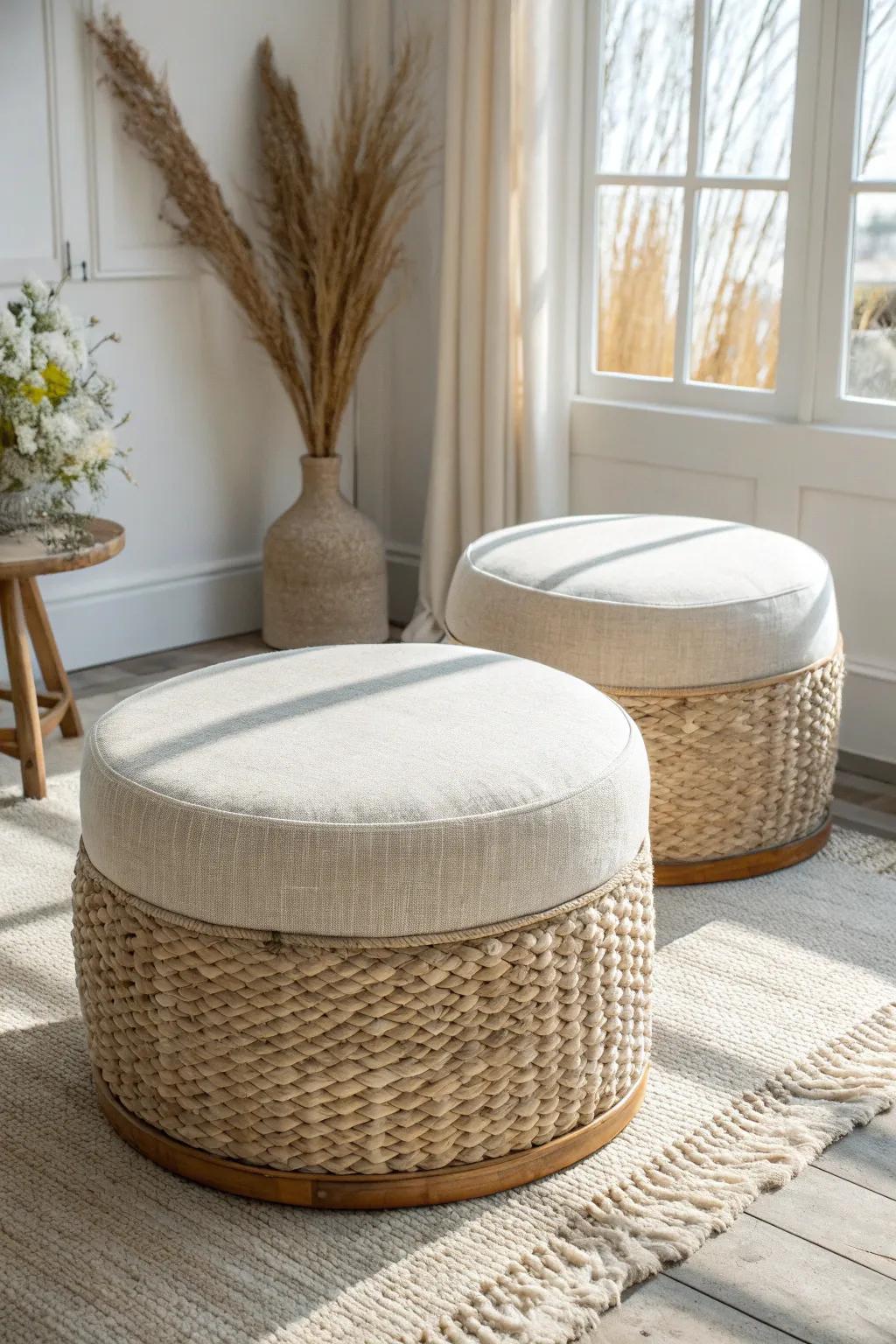 Try two matching ottomans side by side for balanced layout and easy extra seating.