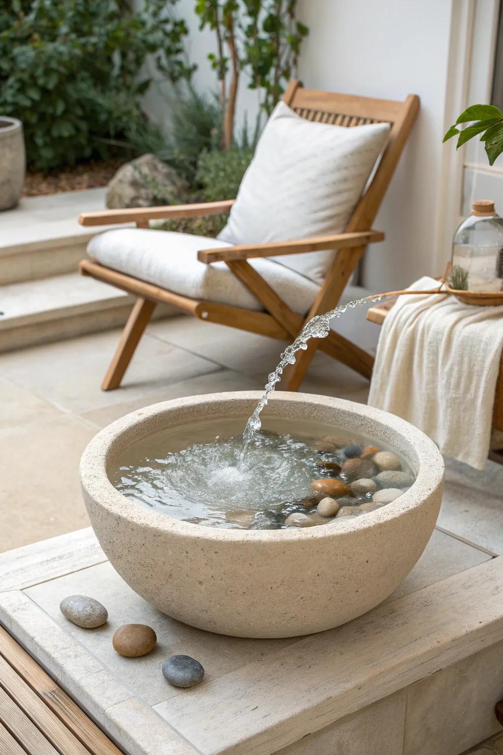 A low bubbling bowl fountain that styles a tiny patio corner without blocking the view.