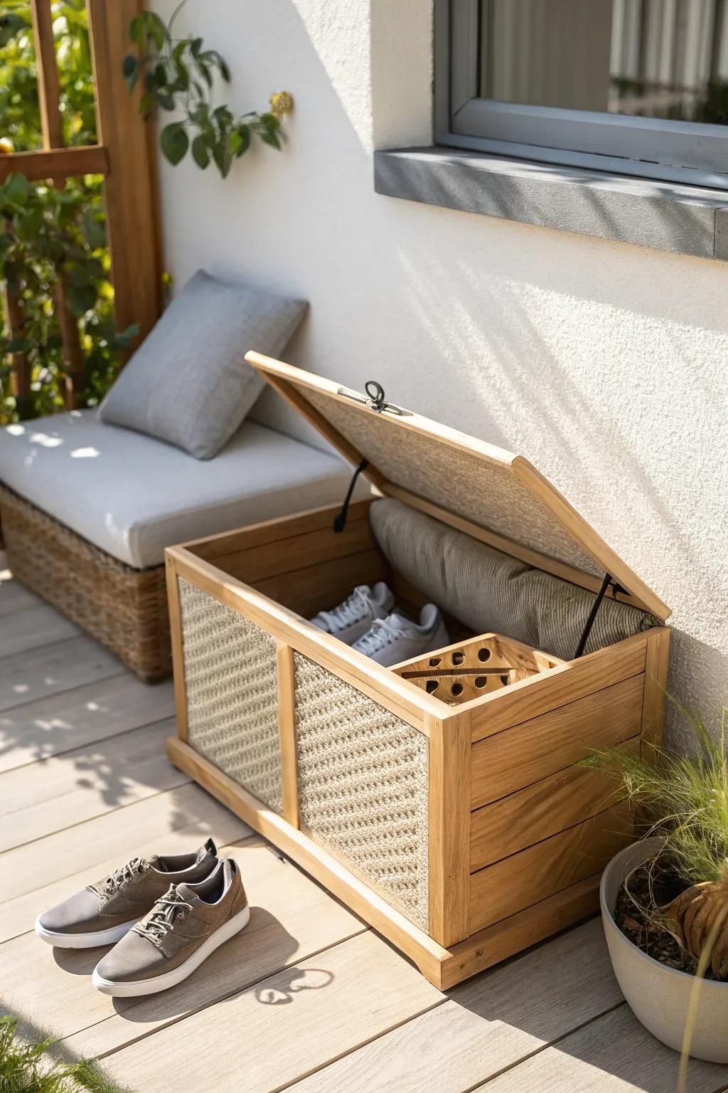 A lidded deck box keeps outdoor shoes hidden, dry, and beautifully organized in small spaces.