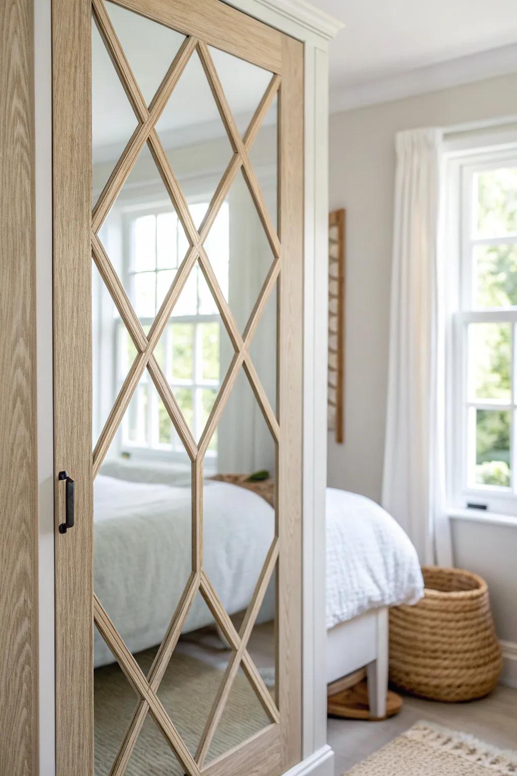 Diamond overlays add modern glam to mirrored closet doors—sleek, bright, and space-friendly.