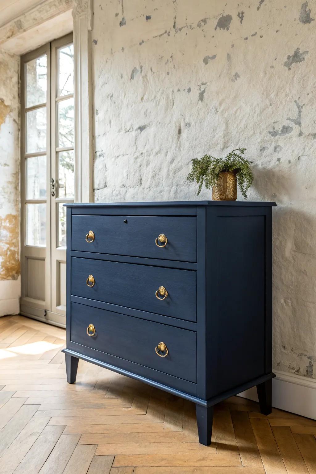 Moody navy drawers that anchor a small space—elegant, practical, and instantly more grown-up.