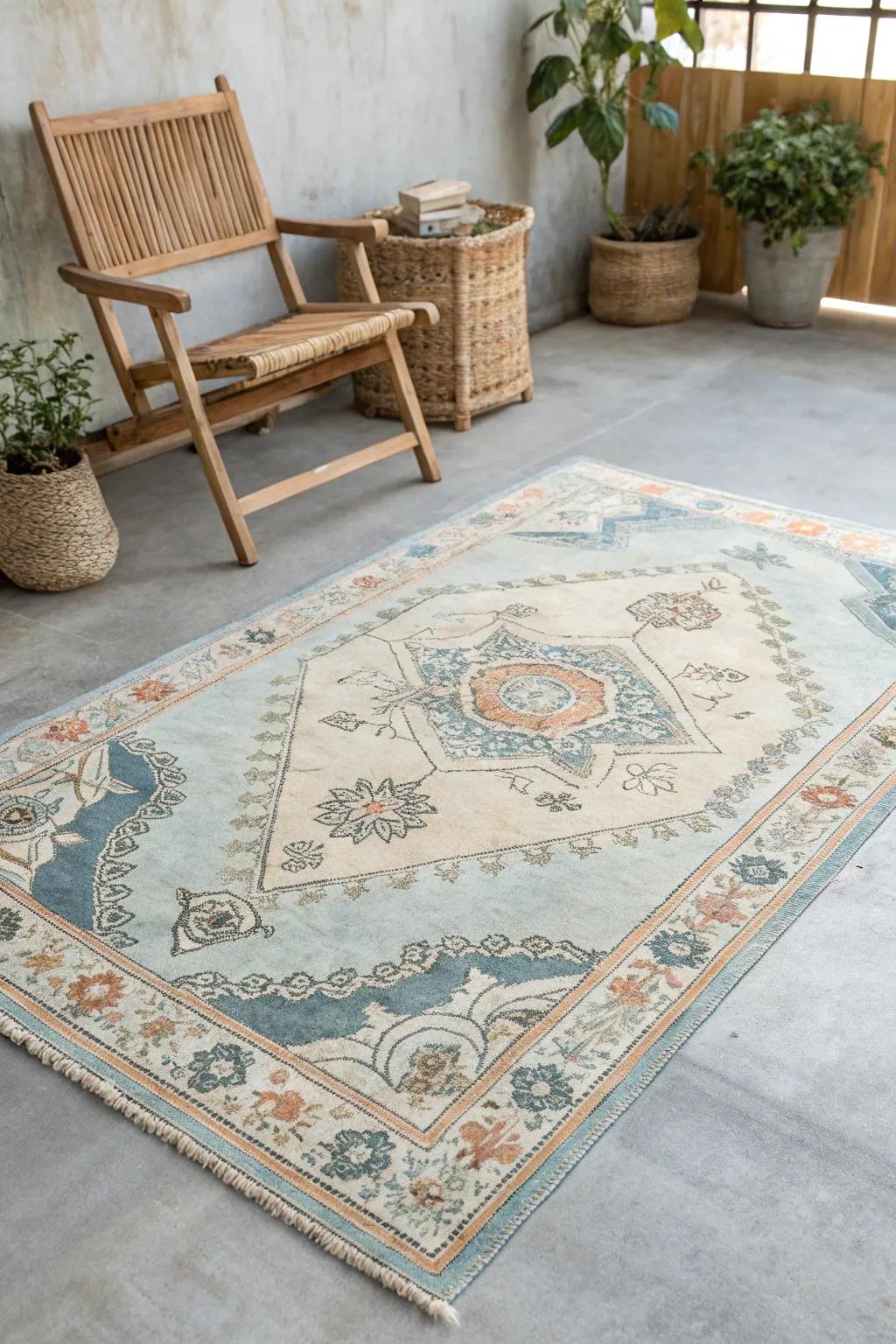 Embrace Vintage Vibes with a painted rug that whispers nostalgia and elegance.