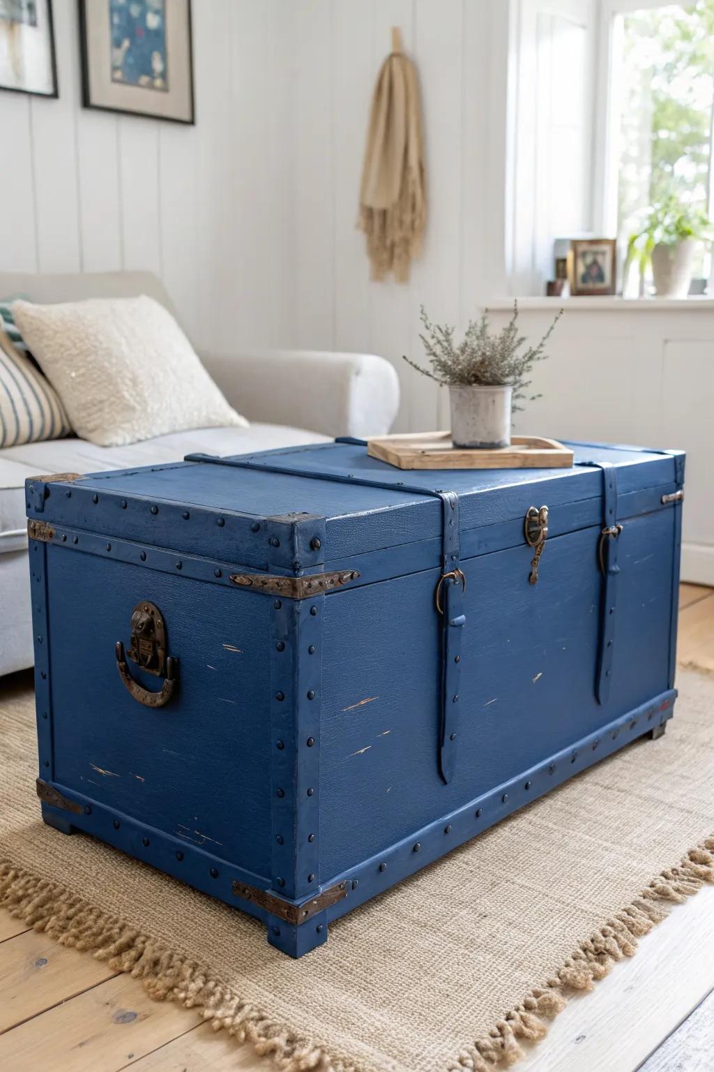 Bold painted trunk = instant coffee-table focal point—minimal, boho, and perfect for small spaces.