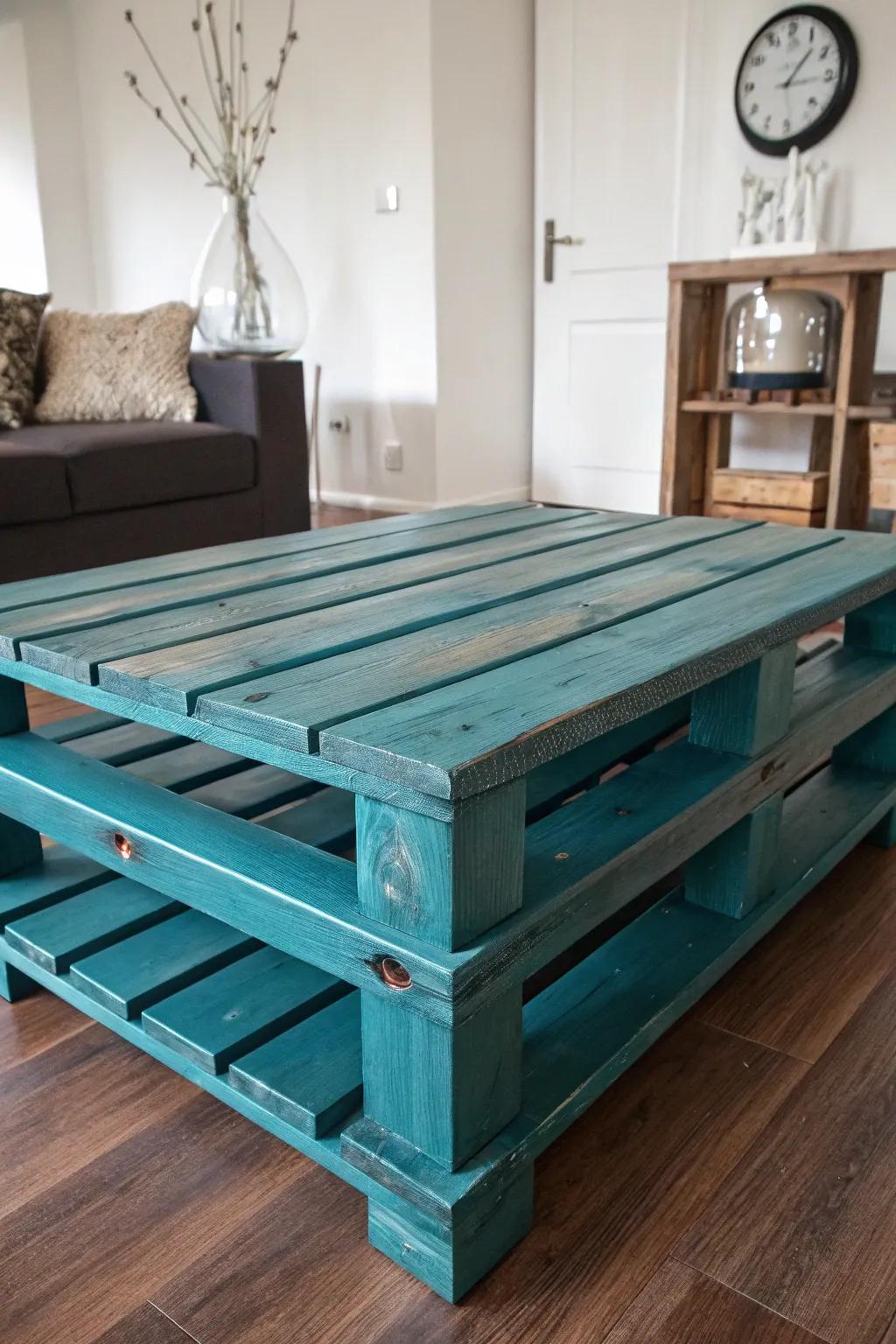 Transform your space with a bold, teal pallet coffee table—where craftsmanship meets creativity.