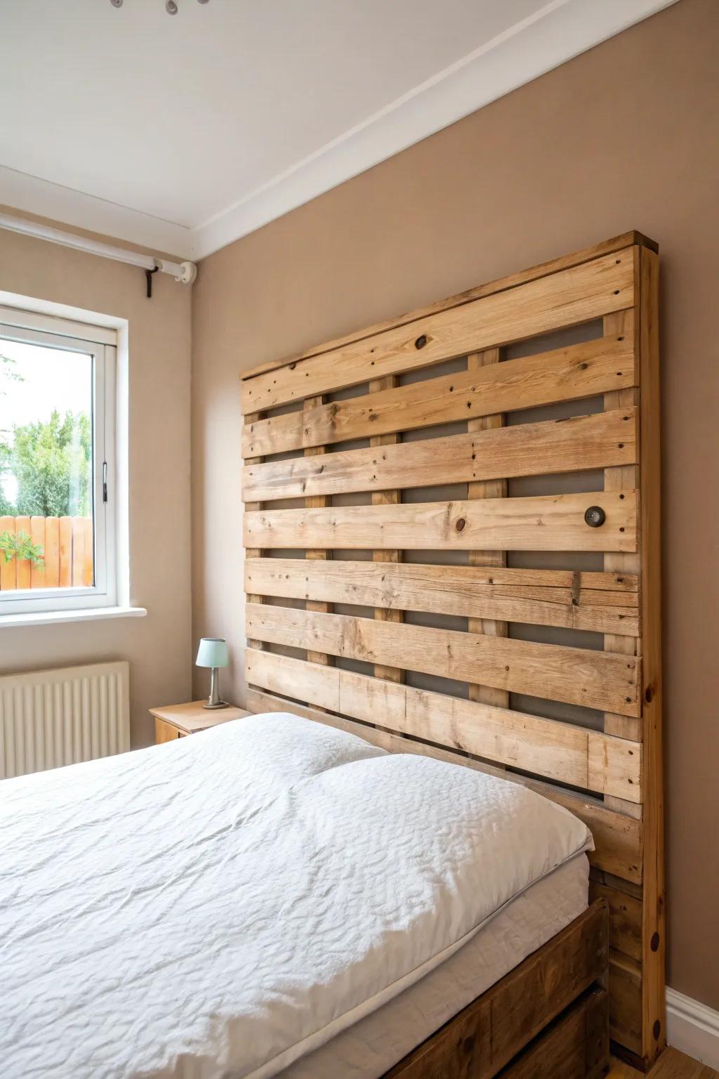 Low-profile pallet headboard keeps a tiny bedroom airy while adding warm, handmade texture.