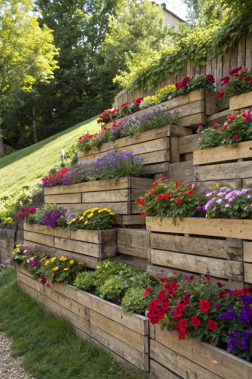 Terrace your garden into a masterpiece with rustic pallet walls and vibrant blooms.