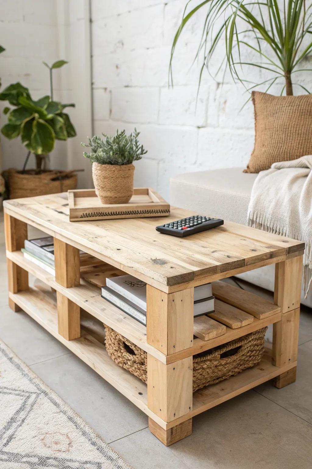 Pallet table with open shelf storage—pretty, practical, and perfect for small-space clutter control.